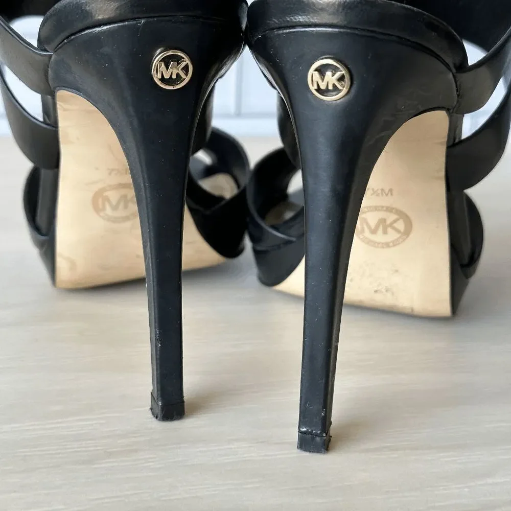 MICHAEL Michael Kors Black Leather Open Toe Buckle Heels - Size 7.5